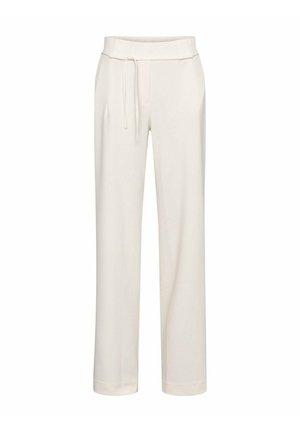 Crèmekleurige rechte broek met een elastische tailleband en een bijpassend koordje aan de voorkant.