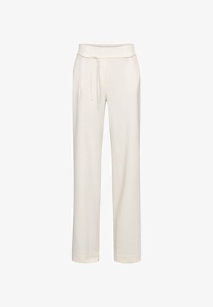 Crèmekleurige rechte broek met een elastische tailleband en een bijpassend koordje aan de voorkant.