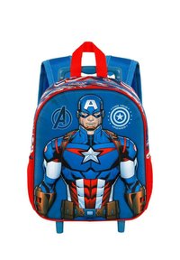 Mochila azul y roja con un estilo de cómic de Capitán América. Incluye detalles gráficos, un emblema de estrella y correas ajustables.