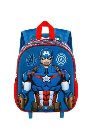 Mochila azul y roja con un estilo de cómic de Capitán América. Incluye detalles gráficos, un emblema de estrella y correas ajustables.