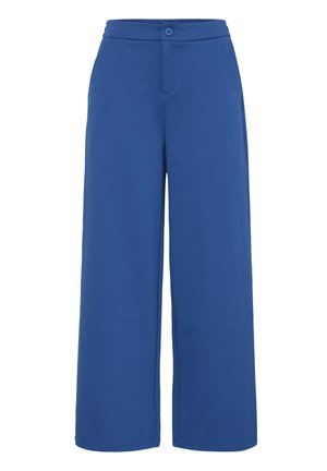 Pantalones de pierna ancha en azul, confeccionados con una tela suave, que cuentan con cierre de botones, bolsillos laterales y una textura lisa. Diseño simple y minimalista.