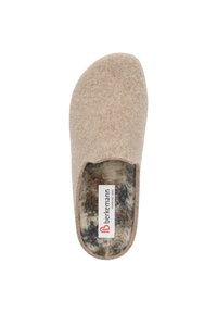 Beige felt slipper with a rounded toe, featuring a soft fur lining. Inside has black and brown accents. Branding visible on the insole.