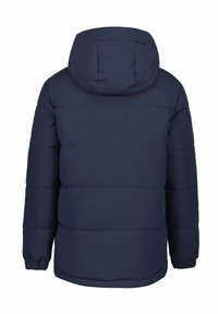 Mørkeblå isoleret pufferjakke med hætte, som har quiltede sektioner, elastiske manchetter og en glat tekstur. Vist fra ryggen.