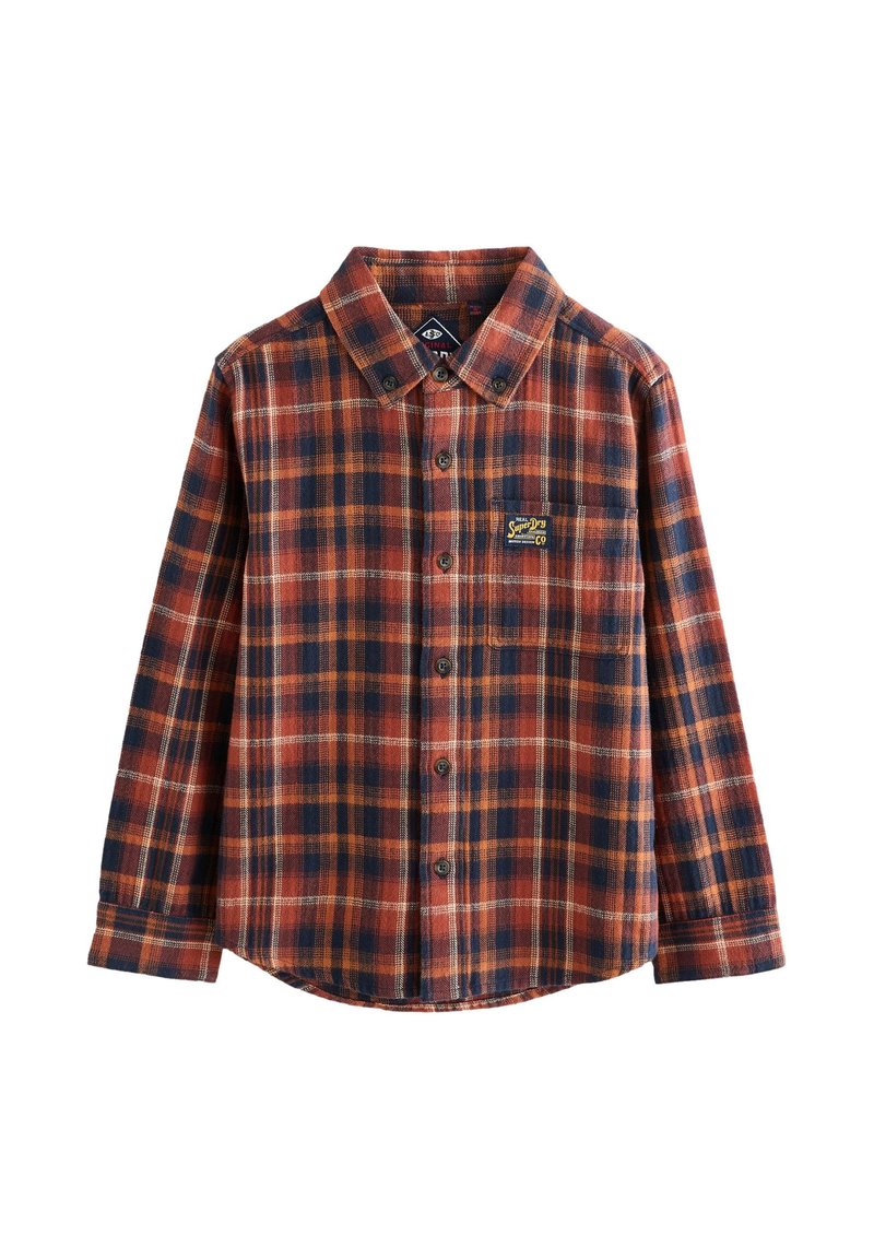 Skjorte med tern i rust, marineblå og orange. Lange ærmer, skjult krave med knapper, brystlomme med logo. Blødt bomuldsstof, afslappet pasform.