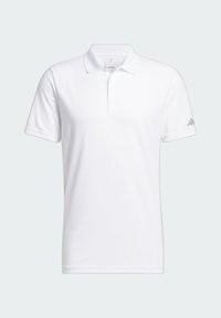 Witte polo shirt van gladde stof, met een kraag en drie knopen, voorzien van een subtiele grijze Adidas-logo op de mouw.