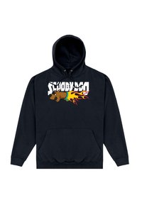 Sweat à capuche noir avec un graphisme de Scooby-Doo entouré de flammes, le texte « SCOOBY-DOO », une poche kangourou, et des poignets et un ourlet côtelés.