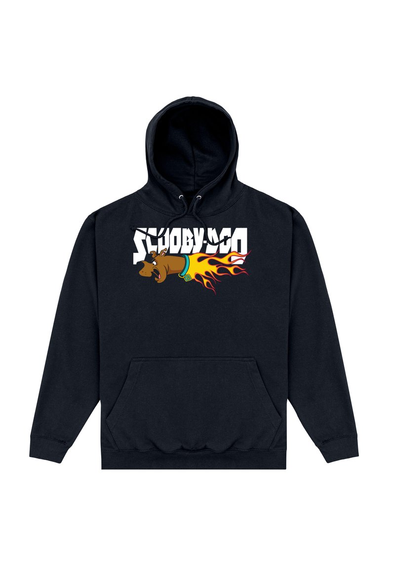 Sweat à capuche noir avec un graphisme de Scooby-Doo entouré de flammes, le texte « SCOOBY-DOO », une poche kangourou, et des poignets et un ourlet côtelés.