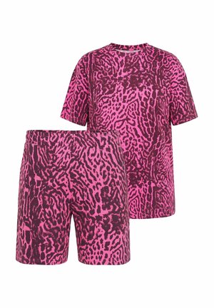 Sæt med T-shirt med korte ærmer og elastiske shorts i lys pink med mørkelilla abstrakt dyreprint.