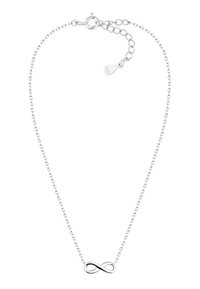 Silverhalsband med ett oändlighetssymbolhängsmycke. Kedjan består av små, sammanlänkade ovala sektioner med en kräfta-lås.