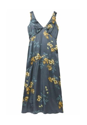 Ärmelloses, knielanges Kleid aus einem dunkelgrauen Stoff mit floralen Mustern in Gelb und Grün. Es hat einen V-Ausschnitt und ein drapiertes Design.