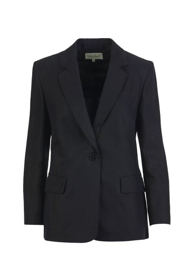 Black single-button blazer with notch lapels, long sleeves, and two front flap pockets, tailored fit.