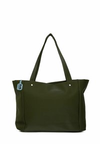 Olivgrön tote-väska gjord av slätt material, med två handtag, en öppen design på toppen och en liten blå etikett på ena sidan.