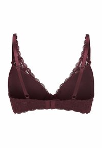Burgunderfarbener Bralette mit Spitzenbesatz, weichem Stoff, dreieckigen Cups, verstellbaren Trägern und einem Haken- und Ösenverschluss hinten.