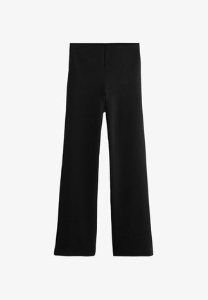 Zwarte wijde broek gemaakt van een gladde, rekbare stof. Heeft een hoge taille en geen zichtbare sluitingen of zakken. Naadloos ontwerp.