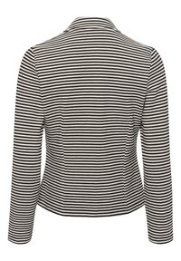 Veste à manches longues à rayures noir et crème, avec une coupe ajustée, une texture lisse et un col cranté. Vue arrière affichée.