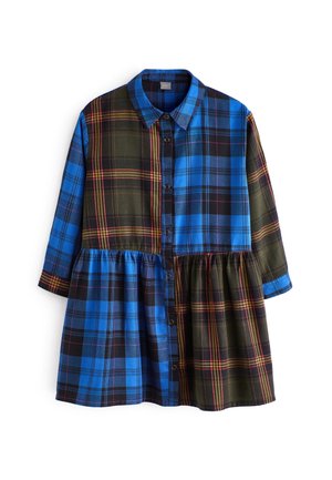 Robe chemise à manches longues avec motif à carreaux bleu et vert foncé, divisée en quatre parties distinctes, avec col et taille cintrée.