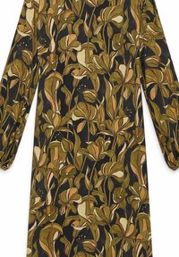 Abito con motivo floreale, maniche lunghe, in tonalità terrose di verde, beige e nero, realizzato in tessuto morbido e strutturato.