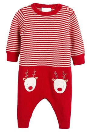Gestreifter Strampler in Rot und Weiß mit zwei Rentiermotiven auf der Vorderseite, ausgestattet mit gestickten Geweihen und runden Nasen.