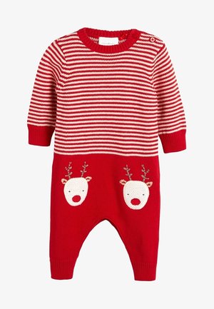 Rød-hvidstribet strikket jumpsuit med to rensdyrmotiver på forsiden, der har broderede gevirer og runde næser.
