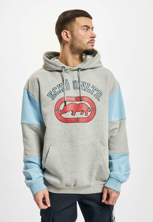 Gray hoodie with blue sleeves, featuring a central red logo and a rhinoceros graphic. Contains a front pouch pocket and drawstring hood.