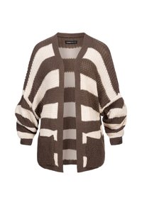 Strikket cardigan i brunt og krem, med brede striper, V-hals, åpen front og to lommer foran. Mykt, strukturert stoff.