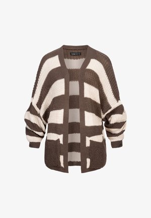 Sweter rozpinany w brązowo-kremowe szerokie paski, z dekoltem w serek, otwartym przodem oraz dwoma przednimi kieszeniami. Miękka, teksturowana tkanina.