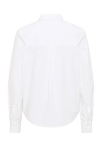 White long-sleeve shirt with a classic collar, button cuffs, and a rounded hem. Features a back yoke and subtle texture.