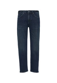 Jean en denim bleu foncé avec coupe droite, design à cinq poches et décoloration subtile. Il présente une fermeture à bouton et à glissière à l'avant.