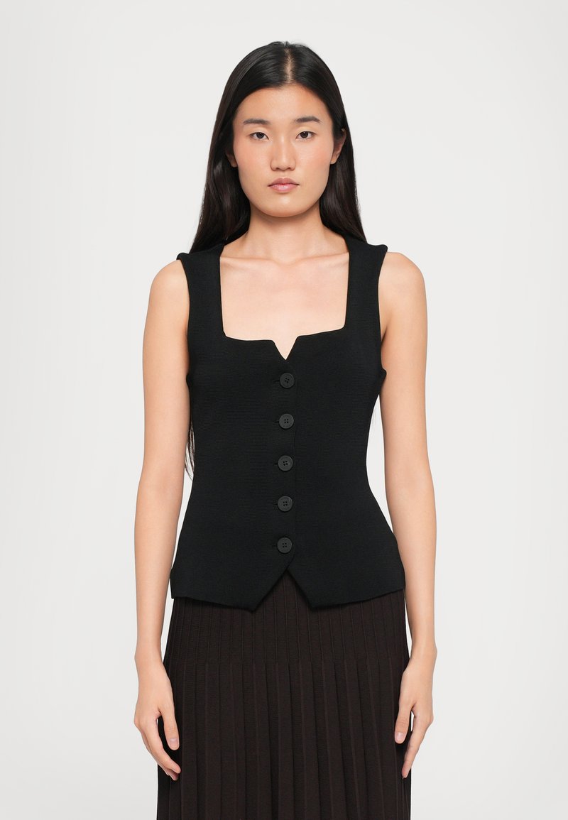 Black fitted vest with a square neckline, six-button front closure, and a subtle textured fabric. Flared hem with sharp angles.