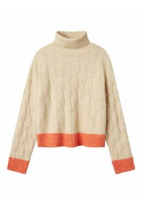 Beige kortärmad tröja med ett texturerat kabelstickat mönster, med hög hals och kontrasterande orange ribbstickade mudd och fåll.