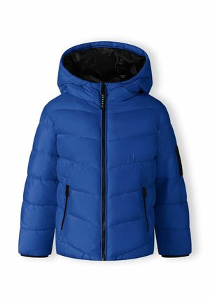 Blaues Puffer-Jackett mit Kapuze, schwarzem Reißverschluss und zwei vorderen Reißverschlusstaschen. Texturiertes gestepptes Muster überall.