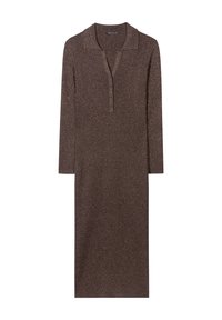 Braunes geripptes Kleid mit kragenförmigem Ausschnitt, einer Knopfleiste mit drei Knöpfen und langen Ärmeln. Hergestellt aus einem strukturierten, schimmernden Strickstoff.