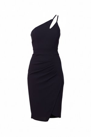 Black sleeveless midi dress with an asymmetrical neckline and ruched detailing on the skirt.