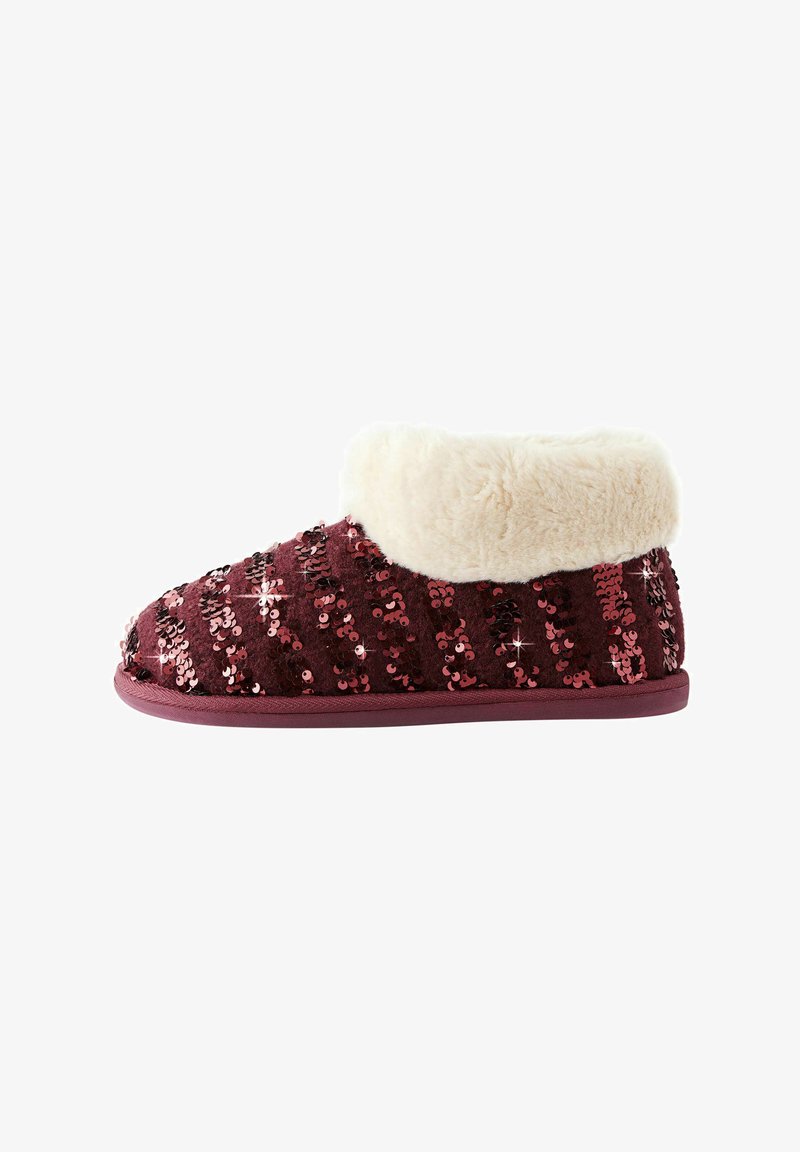Burgundy sequined slipper with a white faux fur cuff, rounded toe, and flat sole, featuring horizontal stripes of sequins across the surface.