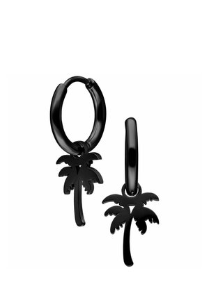 Schwarze Creolen mit baumelnden Anhängern in Form von Palmen vor weißem Hintergrund.