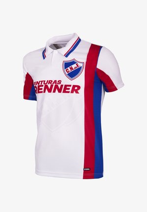 Witte polo met rode en blauwe verticale strepen, een kraag, en een schildlogo. Tekst op de voorkant leest "PINTURAS BRENNER."