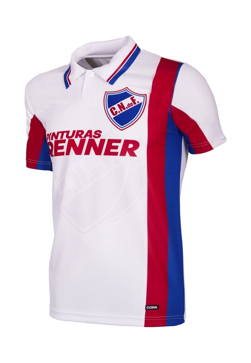 Witte polo met rode en blauwe verticale strepen, een kraag, en een schildlogo. Tekst op de voorkant leest "PINTURAS BRENNER."