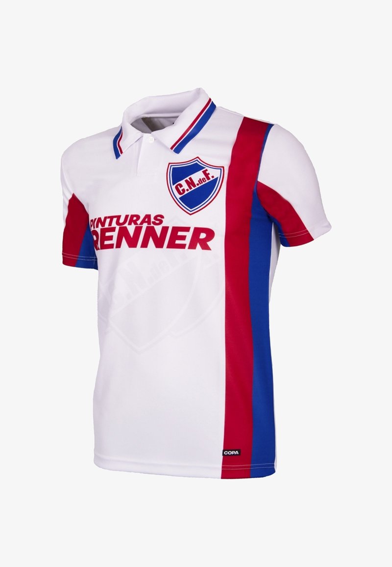 Witte polo met rode en blauwe verticale strepen, een kraag, en een schildlogo. Tekst op de voorkant leest "PINTURAS BRENNER."