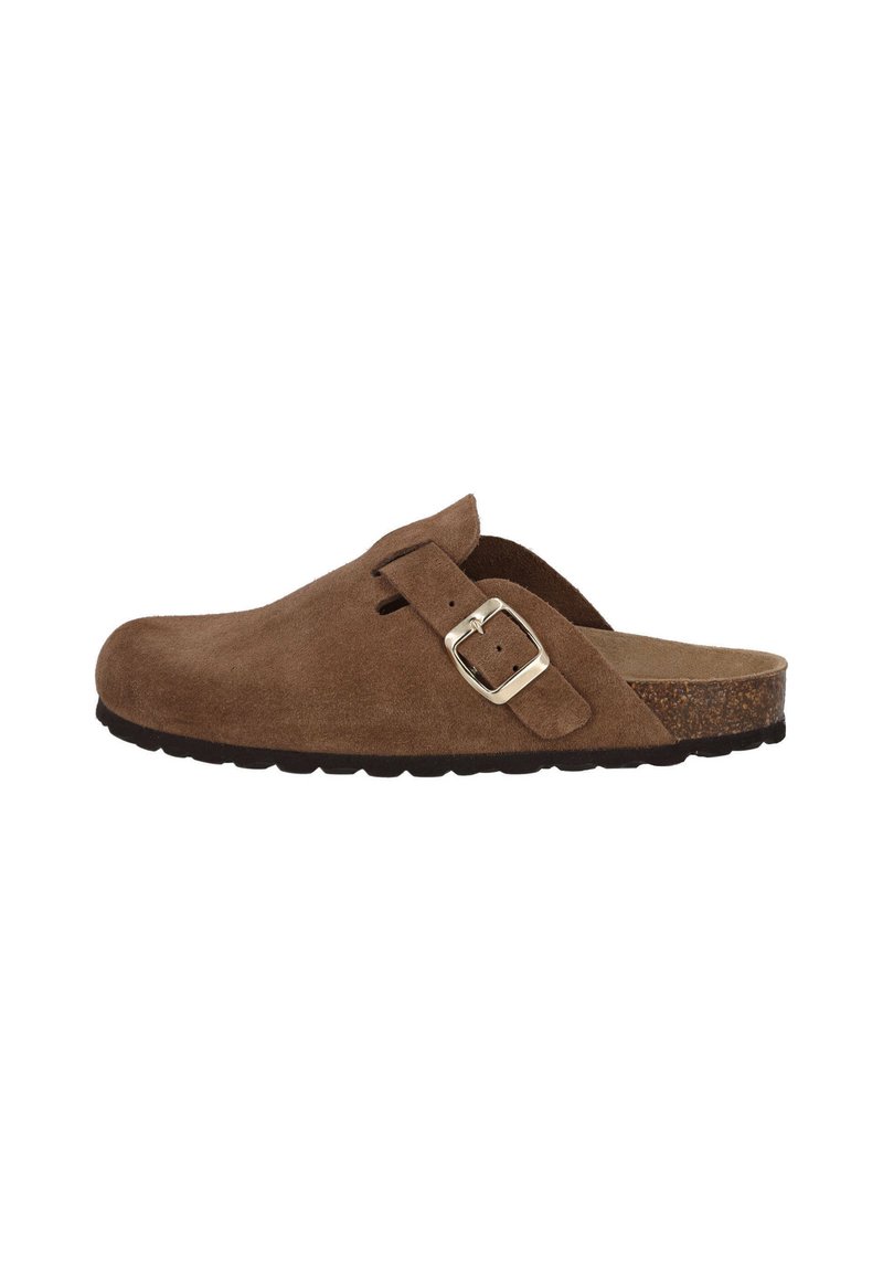 Brune suede træsko med en rund tå, et sidebuckle-detalje og en tekstureret korksål. Har en glat indvendig side og et slip-on design.