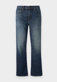 Tmavě modré džíny z denimu se střihy rovného nohavice, středním pasem, jemným vyblednutím a klasickým pětipocketovým designem.