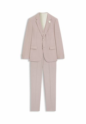 Completo beige chiaro in due pezzi con blazer con risvolti a incavo, due bottoni, tasche con pattina e pantaloni dritti coordinati.