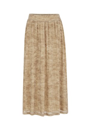 Jupe midi beige avec un motif texturé abstrait subtil et une taille élastique, tissu doux et léger, coupe ample.