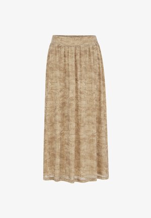 Fustă midi bej cu model subtil abstract și talie elastică, țesătură moale și ușoară, croială lejeră.