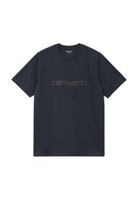 Camiseta de algodón azul marino con manga corta, cuello redondo, que presenta un logo central en marrón "carhartt." en una fuente gruesa.