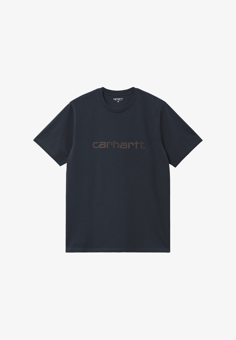 Camiseta de algodón azul marino con manga corta, cuello redondo, que presenta un logo central en marrón "carhartt." en una fuente gruesa.