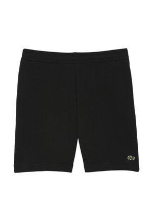 Pantaloni corti neri in cotone con vita elasticizzata, caratterizzati da un piccolo logo verde Lacoste sul lato sinistro in basso. Texture liscia, design semplice.