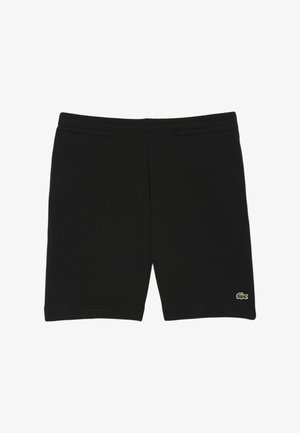 Shorts de algodón negros con una cintura elástica, que presentan un pequeño logo verde de Lacoste en la parte inferior izquierda. Textura suave, diseño sencillo.