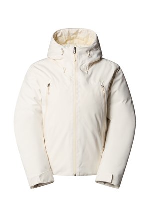 Weiße isolierte Jacke mit Kapuze, Frontreißverschluß und zwei Reißverschlusstaschen auf der Brust. Merkmale sind elastische Bündchen und ein glatter, texturiert Stoff.