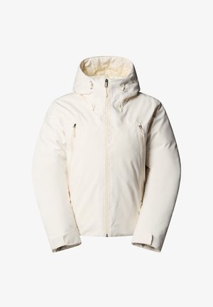 Giacca isolante bianca con cappuccio, zip frontale e due tasche sul petto con zip. Presenta polsini elasticizzati e un tessuto liscio e testurizzato.