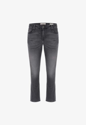 Pilkos džinsinės kelnės tiesiu kirpimu, penkių kišenių dizainu ir subtiliu nusidėvėjimu. Turi mygtuką užsegimui ir diržo kilpas juosmens srityje.